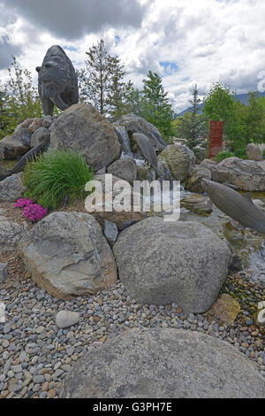 USA; Salmon; Idaho; Grizzly Bear; Statue; Waterfall; Water fall; falls; Fountain; Scenic; Landscape, statue, fountain Stock Photo