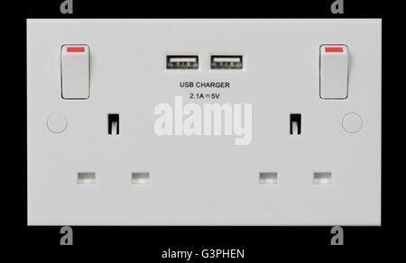 UK double plug socket with built in USB charger Stock Photo