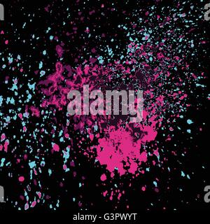 Colorful acrylic paint splatter shiny, blob on black background. Neon glowing spray stains abstract background, vector Stock Vector