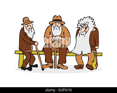 Funny three old men sitting on the bench. Old man with hat and walking cane. Sad grandfather with a long beard sitting on bench Stock Vector