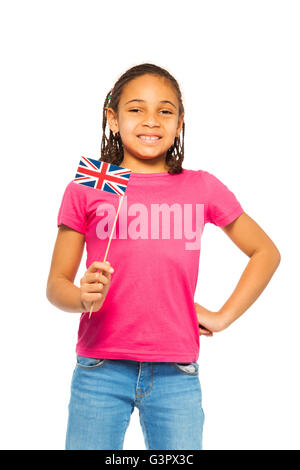 Happy patriotic girl holding UK flag Stock Photo