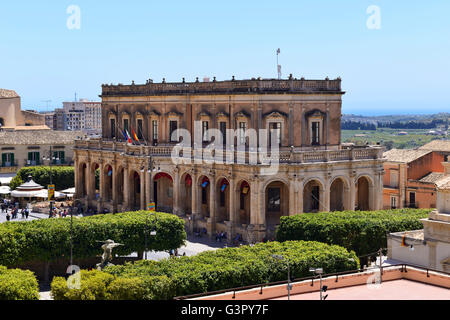 Ducezio Palace (Palazzo Ducezio) from Palazzo Nicolaci in Noto, Sicily, Italy Stock Photo