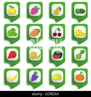 Raw fruits and vegetables icon set on green substrates Stock Vector