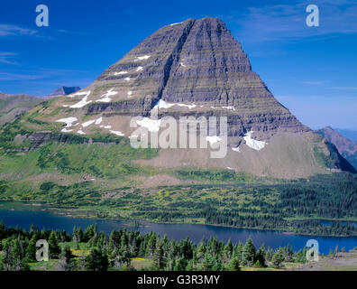 USA, Montana, Glacier National Park, Bearhat Mountain rises steeply above Hidden Lake, from Hidden Lake Pass. Stock Photo