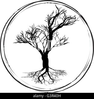 Black and white drawing of deciduous tree. Black silhouette on a white background. Large krone root system. Stock Vector