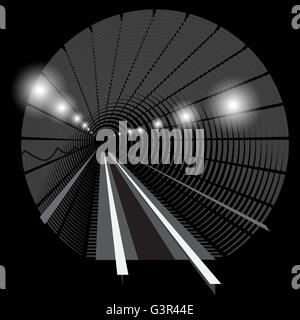 Subway underground train with lights on the railway track in the tunnel Stock Vector
