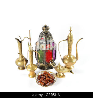Vintage golden arabic decorations. Holidays composition with dates fruits. Oriental hospitality concept. Ramadan kareem Stock Photo