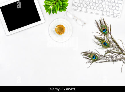 Office desk with coffee, keyboard, tablet pc. Flat lay. Mock up for social media blogger Stock Photo