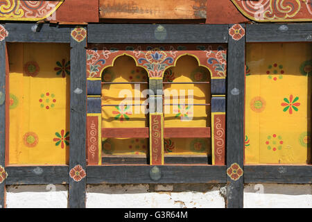 Window of one of the buildings of a Buddhist monastic school in Gangtey (Bhutan). Stock Photo