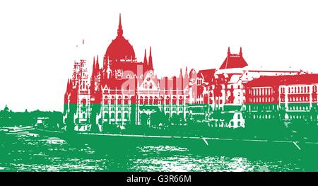 Silhouette of Hungarian parliament - Orszaghaz in Budapest filled with national colors. Vector graphic. Red and green. Hungarian Stock Vector