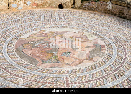 Roman Mosaic in Villa of Theseus, Kato Pafos Archaeological Site, Paphos, Cyprus Stock Photo