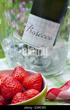 Italian Prosecco wine bottle in iced wine chiller with bowl of fresh strawberries on alfresco picnic table floral garden behind Stock Photo