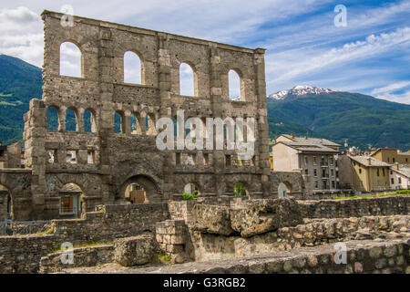 Roman theatre in Aosta Town, Aosta Valley, Italy. Stock Photo