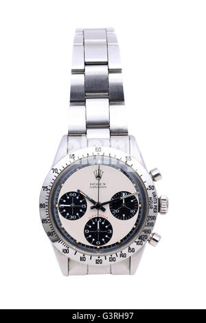 'Rolex cosmograph daytona' vintage wrist watch in a display window of vintage-shop on white background Stock Photo