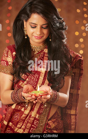 1 Beautiful Adult Woman Diwali Festival Diya Hands-cupped Showing Stock Photo