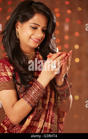 1 Beautiful Adult Woman Diwali Festival Diya Hands-cupped Showing Stock Photo