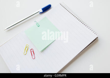 close up of notebook with pen and bank paper Stock Photo