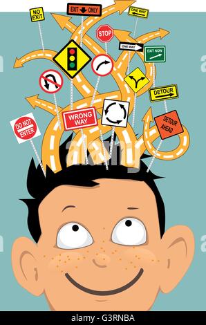 Attention Deficit. Tangled roads with confusing signs coming out of a boy's head Stock Vector