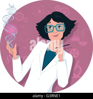 Attractive woman in a lab coat looking at a DNA molecule, scientific symbols on the circular background, vector illustration Stock Vector