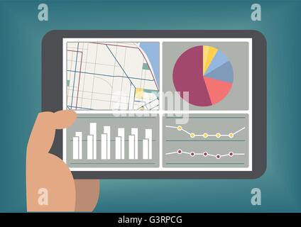 Big data and analytics dashboard displayed on tablet screen as vector illustration Stock Vector