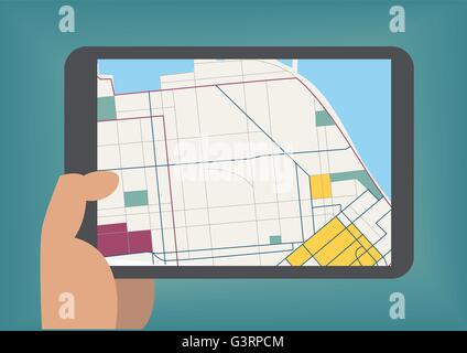 Digital mobile maps concept as vector illustration with hand holding tablet Stock Vector