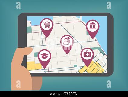 Vector illustration of mobile maps concept with hand holding tablet Stock Vector