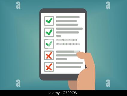 Digital checklist or todo-list displayed on tablet screen. Concept of passed exam or completed tasks. Stock Vector