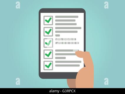 Completed tasks on to-do list concept with checks displayed on tablet screen held by hand. Stock Vector