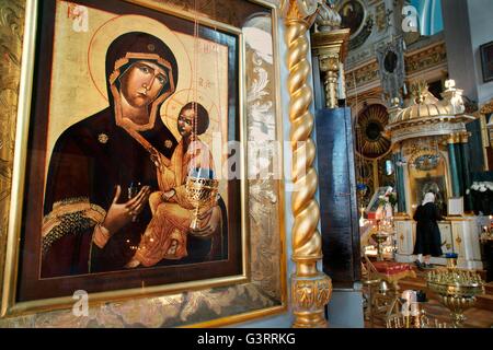 Saint Petersburg Russia. Saint Vladimir’s Cathedral interior. Russian Christian Orthodox art Icon of Madonna and Child Jesus. Stock Photo