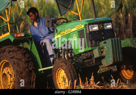 INDIA, Pune, John Deere tractor dealer in village, John Deere tractor 5203, training and demonstration for farmer Stock Photo