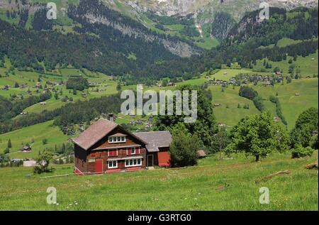 Timber house and rural landscape in the Toggenburg valley. Switzerland. Stock Photo