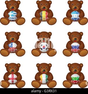 Bear with soccer ball flag on a white background. Stock Vector