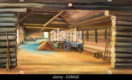 Barn with Grain in a village.  Wooden cart. Stock Photo