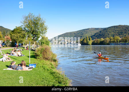 River Neckar , sunbathers on the Neckar meadows and overlooking the old town with its castle and mountain Königstuhl with paddle Stock Photo