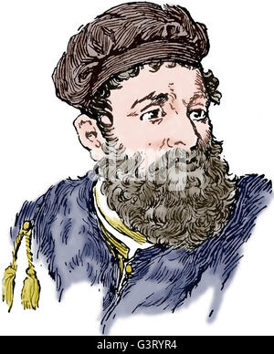 Marco Polo (1254-1324). Venetian merchant traveller. Engraving. Portrait. Color. 19th c. Stock Photo