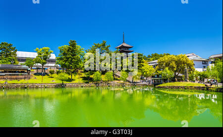 Goju-no-to five-storied pagoda above Sarusawa-ike Pond in Nara Stock Photo