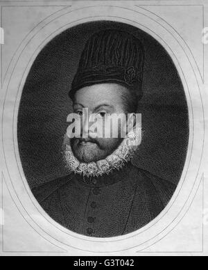Philip II (1527-1598). King of Spain and Naples. Portrait. Engraving. General History of Spain, by Modesto Lafuente, 1879. Spain Stock Photo
