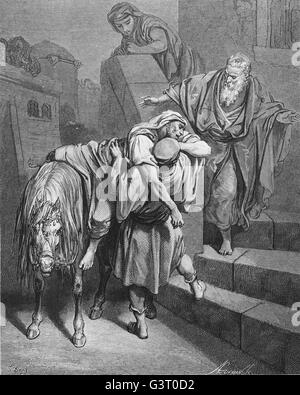 Arrival of the good samaritan at the inn. Luke, 10:34. Engraving by ...