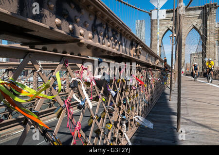 Love Locks on the Brooklyn Bridge, NYC Stock Photo