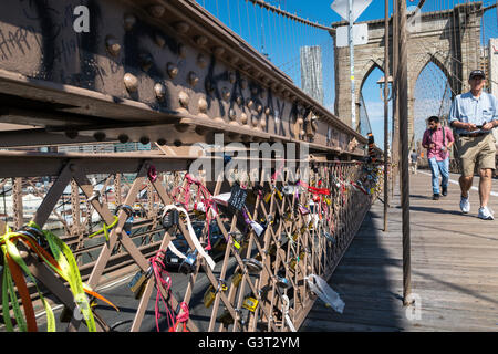Love Locks on the Brooklyn Bridge, NYC Stock Photo