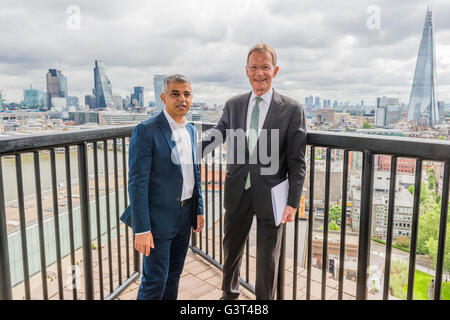 London, UK. 14th June, 2016. London Mayor Sadiq Khan is shown the viewing level by Tate Director Nicholas Serota - The new Tate Modern will open to the public on Friday 17 June. The new Switch House building is designed by architects Herzog & de Meuron, who also designed the original conversion of the Bankside Power Station in 2000. Credit:  Guy Bell/Alamy Live News Stock Photo