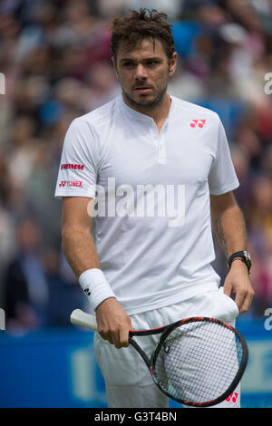 London, UK. 14th June, 2016. Stan Wawrinka of Switzerland reacts during his singles first round match against Fernando Verdasco of Spain during day two of the ATP-500 Aegon Championships at the Queen's Club in London, Britain on June 14, 2016. Credit:  Jon Buckle/Xinhua/Alamy Live News Stock Photo