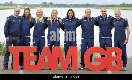 Windsor, Berkshire, UK. 14th June, 2016. (l to r) Mark England (Chef de Mission Team GB Rio2016), Jess Walker, Rachel Cawthorn, Rebeka Simon, Louisa Gurski, Jon Schofield, Liam Heath and John Anderson MBE (Performance Director British Canoeing and Canoeing Team GB Leader). TeamGB announce the Canoe Sprint team for the Rio2016 Olympics. Dorney Lake. Windsor. Berkshire. UK. 14/06/2016. Credit:  Sport In Pictures/Alamy Live News Stock Photo
