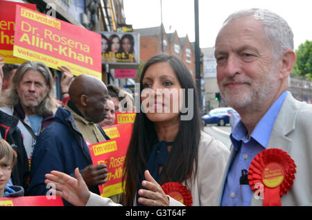 Tooting, London, UK. 14th June, 2016. Jeremy Corbyn the leader of the Labour party visit Tooting to support candidate Dr Rosena Allin-Khan who is standing in the by election caused by the vacancy created when Sadiq Khan resigned when he became Mayor of London. Credit:  JOHNNY ARMSTEAD/Alamy Live News Stock Photo