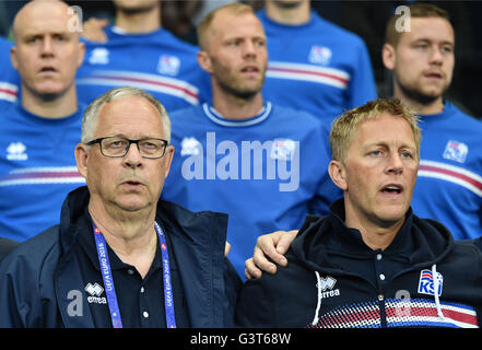 Saint-Etienne, France. 14th June, 2016. Iceland National soccer team head coach Lars Lagerback (front L) seen before the UEFA Euro 2016 Group F soccer match Portugal vs. Iceland at Stade Geoffroy Guichard in Saint-Etienne, France, 14 June 2016. Photo: Uwe Anspach/dpa/Alamy Live News Stock Photo