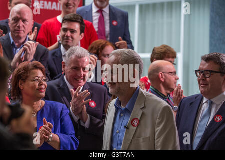 London, UK. 14th June, 2016. Jeremy Corbyn, Leader of the Labour Party and the Opposition, arrives with Tom Watson, Deputy Leader, to speak in favour of the Vote Remain campaign at the TUC headquarters. Accompanied by Labour Shadow Cabinet members and trade union leaders, he urged the ‘whole Labour movement’ to vote Remain in order to avoid a ‘bonfire’ of workers’ rights. Credit:  Mark Kerrison/Alamy Live News Stock Photo