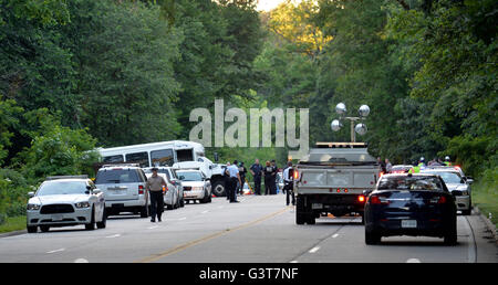 Virginia, USA. 14th June, 2016. Photo taken on June 14, 2016 shows the site of a traffic accident on a highway in Virginia, the United States. A traffic accident happened to a tour bus carrying 17 Chinese citizens, leaving at least one dead and several injured. Credit:  Bao Dandan/Xinhua/Alamy Live News Stock Photo