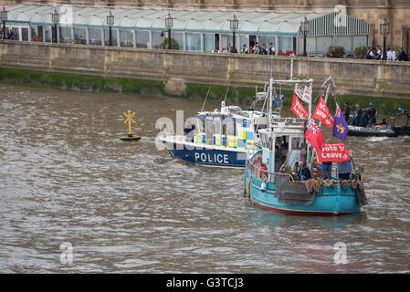 London, UK. 15th June, 2016. Fishing for leave protest of thirty ships, with Nigel Farage on board sailed up the Thames to the Houses of Parliament as a leave EU demonstration. Pictured: Credit:  Ian Davidson/Alamy Live News Stock Photo