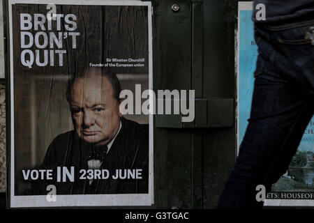 London, UK. 15th June, 2016. A 'Vote In: poster with a photograph of Sir Winston Churchill on Ladbroke Grove, London, less than a week ahead of the UK referendum on whether the country should remain in or leave the European Union. 'Brits Don't Quit, Sir Winston Churchill Founder of the European Union' says a poster with a photograph of the country's wartime Prime Minister. © Jonathan Katzenellenbogen/Alamy Live News Stock Photo