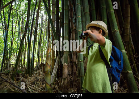 Young boy looking through binoculars in forest Stock Photo